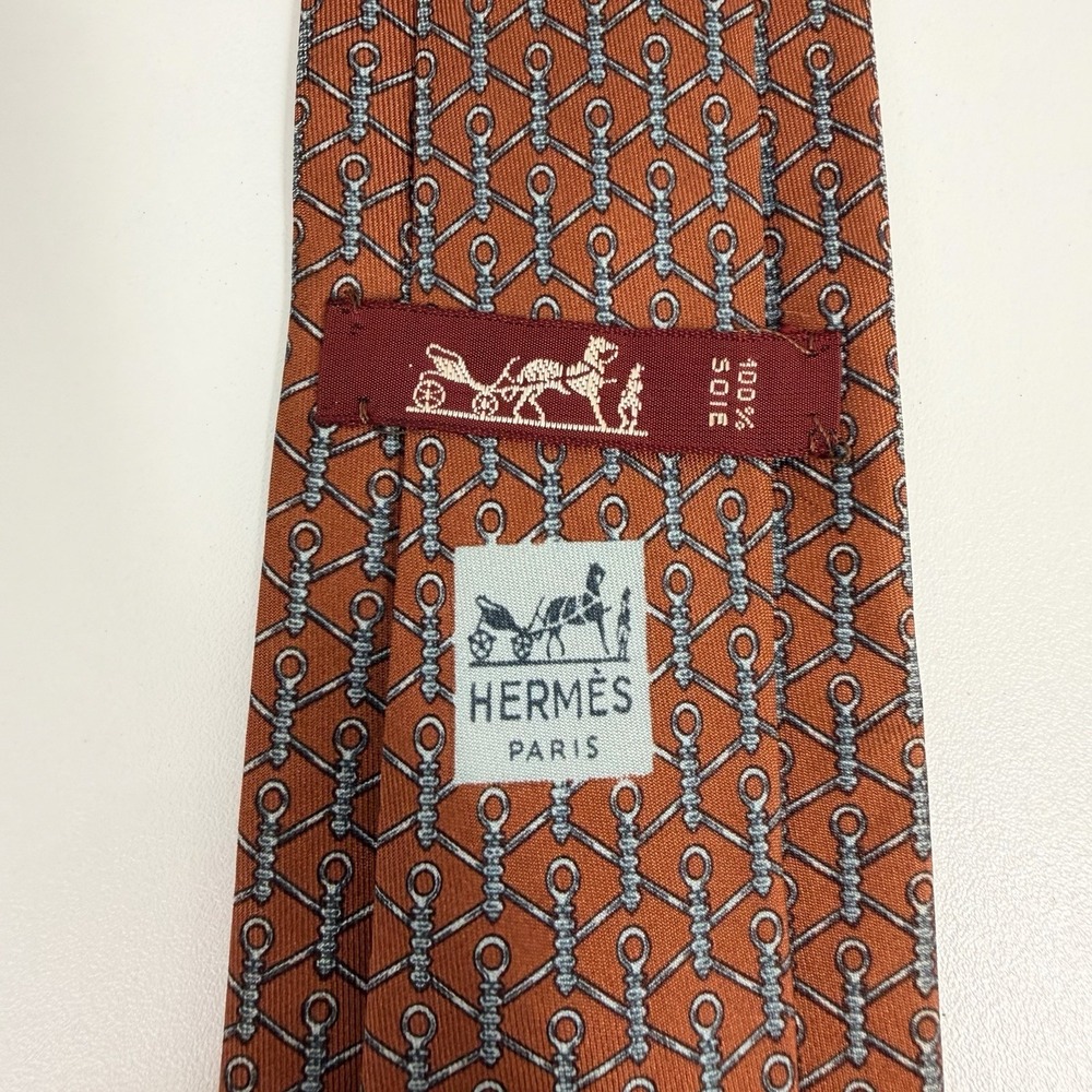 Hermes Men's Tie Chain Links Rust Orange & Gray Silk 706 OA 3" (W) 54.5" (L) guc